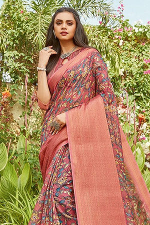 Coral Pink Banarasi Chanderi Saree
