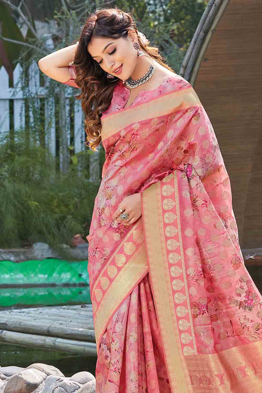 Creamy Pink Banarasi Chanderi Saree