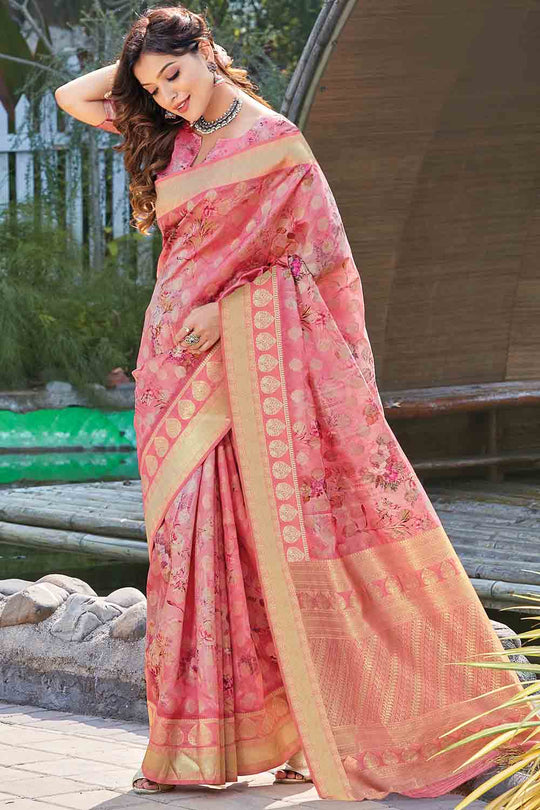 Creamy Pink Banarasi Chanderi Saree