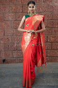 Crimson Red Banarasi - Chanderi Saree