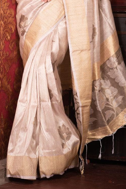 Ivory Off White Banarasi Chanderi Saree