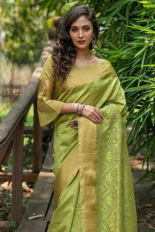 Lime Green Banarasi Chanderi Saree