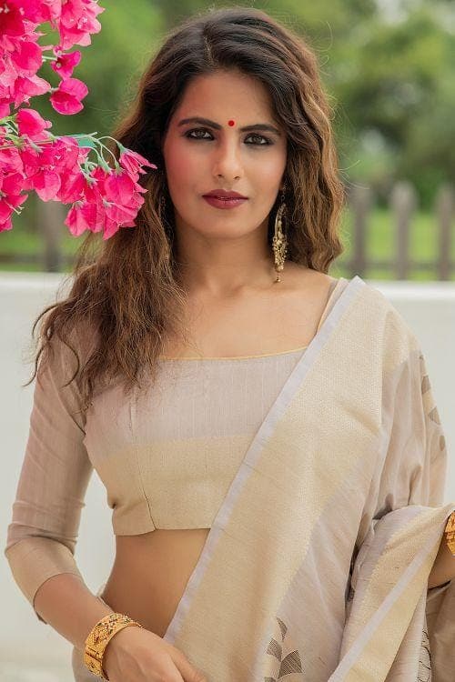 Linen Blend Off White Banarasi Chanderi Saree