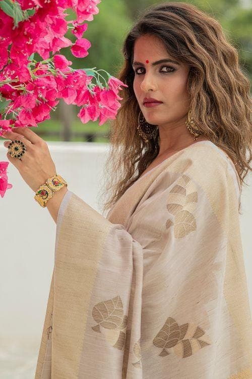 Linen Blend Off White Banarasi Chanderi Saree