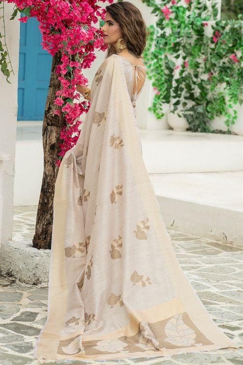 Linen Blend Off White Banarasi Chanderi Saree