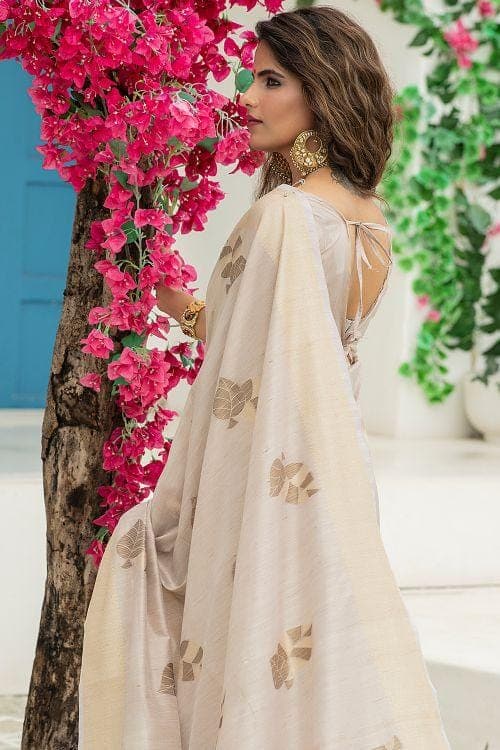 Linen Blend Off White Banarasi Chanderi Saree