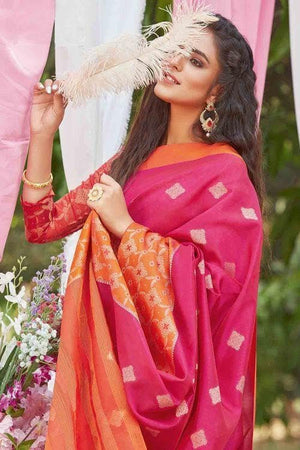 Magenta Pink Banarasi Chanderi Saree