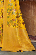 Mustard yellow woven Chanderi - banarasi fusion saree - Buy online on Karagiri - Free shipping to USA