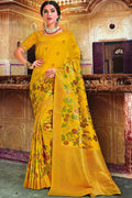 Mustard yellow woven Chanderi - banarasi fusion saree - Buy online on Karagiri - Free shipping to USA