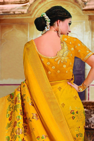 Mustard Yellow Woven Chanderi - Banarasi Fusion Saree