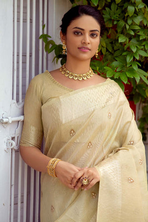 Parmesean Beige Banarasi Chanderi Saree