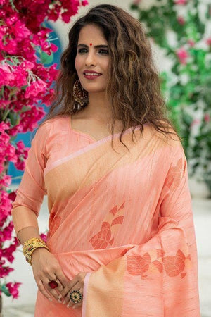Peach Pink Banarasi Chanderi Saree