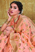 Peach woven Chanderi - banarasi fusion saree - Buy online on Karagiri - Free shipping to USA