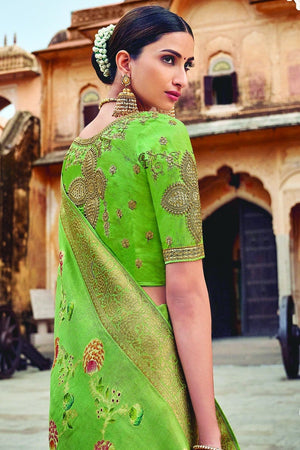Pear Green Woven Chanderi - Banarasi Fusion Saree