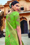 Pear green woven Chanderi - banarasi fusion saree - Buy online on Karagiri - Free shipping to USA