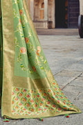 Pear green woven Chanderi - banarasi fusion saree - Buy online on Karagiri - Free shipping to USA