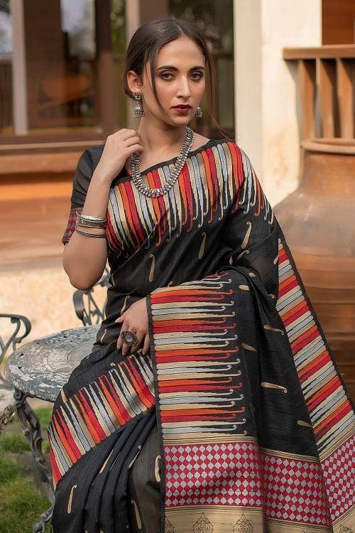 Pitch Black Banarasi Chanderi Saree