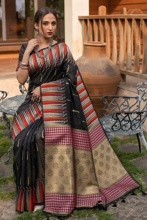 Pitch Black Banarasi Chanderi Saree