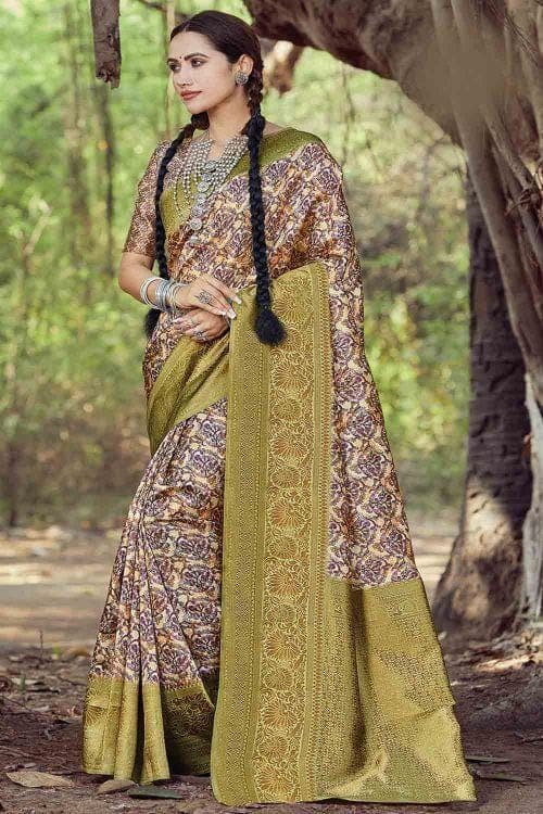 Printed Flax Yellow Banarasi Chanderi Saree