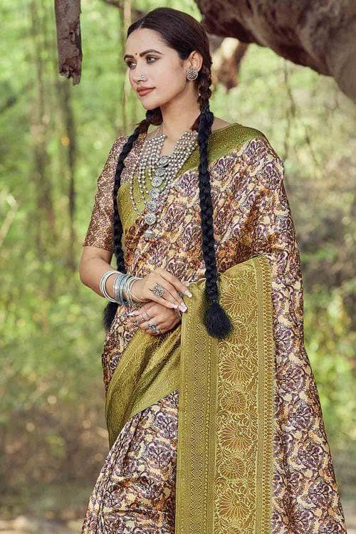 Printed Flax Yellow Banarasi Chanderi Saree