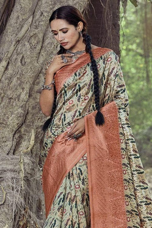 Printed Hazelwood Yellow Banarasi Chanderi Saree