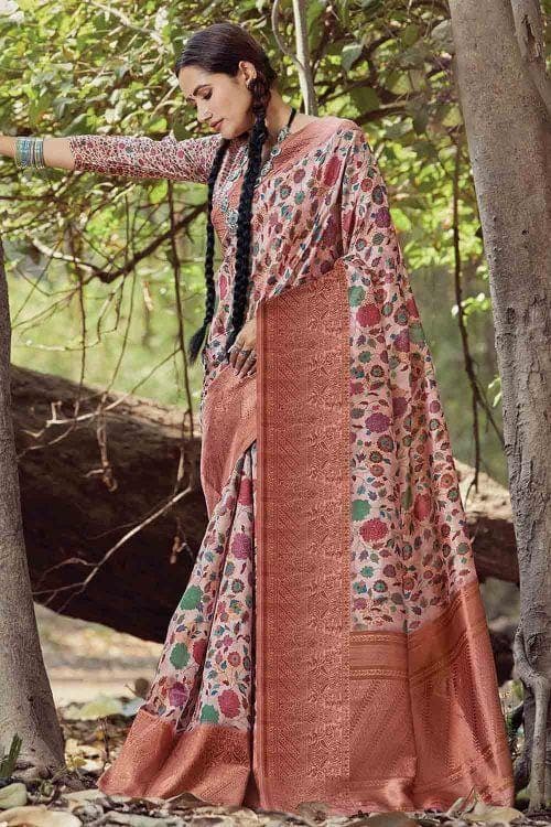 Printed Lemonade Pink Banarasi Chanderi Saree