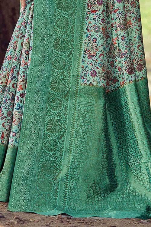 Printed Tiffany Blue Banarasi Chanderi Saree