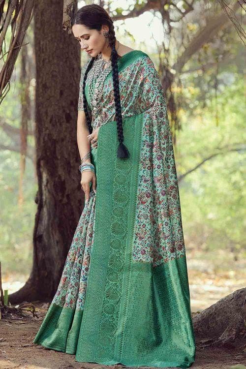 Printed Tiffany Blue Banarasi Chanderi Saree