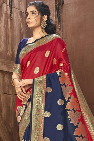 Red And Blue Banarasi Chanderi Fusion Saree