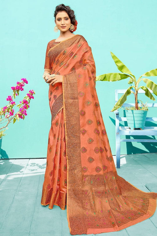 Rust Orange Banarasi Chanderi Saree