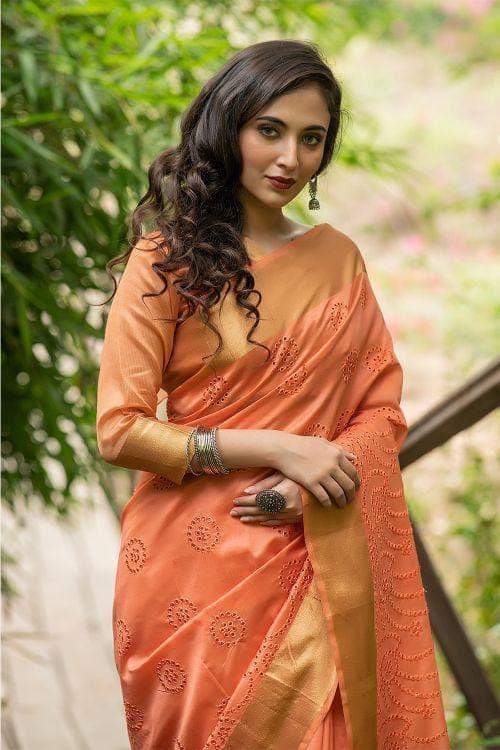 Salmon Orange Banarasi Chanderi Saree