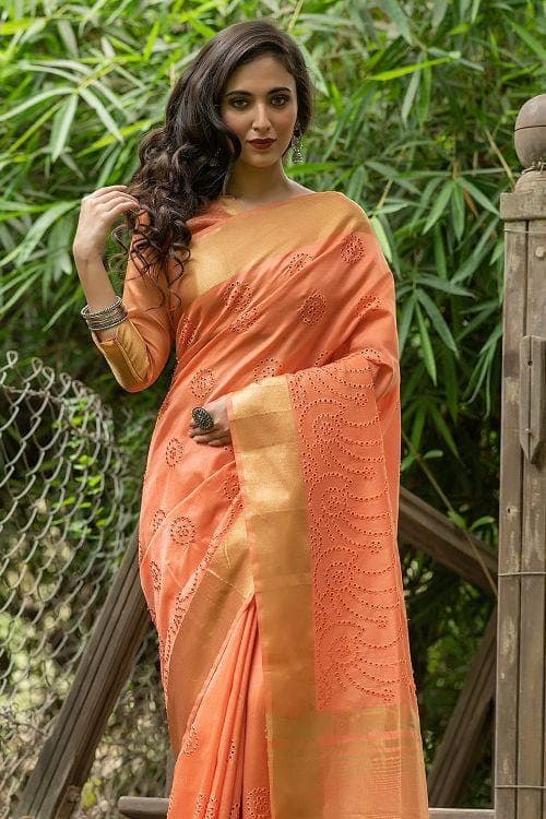 Salmon Orange Banarasi Chanderi Saree