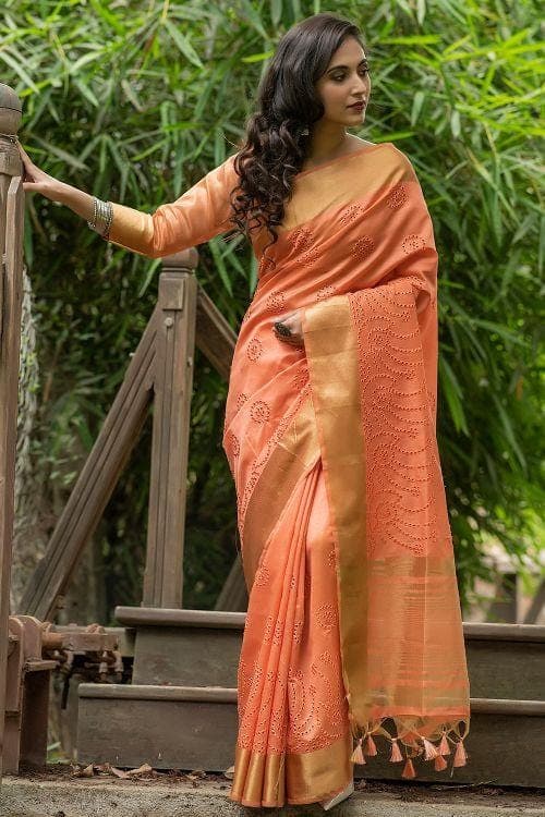 Salmon Orange Banarasi Chanderi Saree