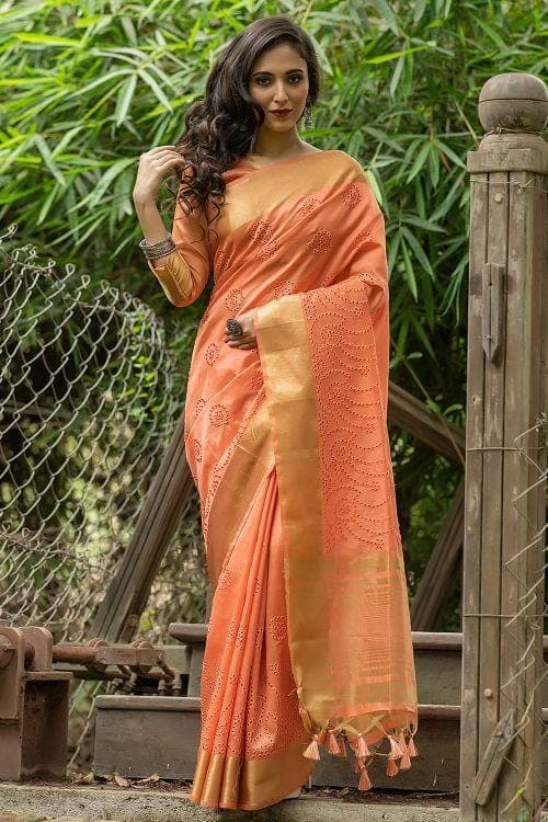 Salmon Orange Banarasi Chanderi Saree