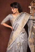 Smoke Grey Banarasi Chanderi Saree