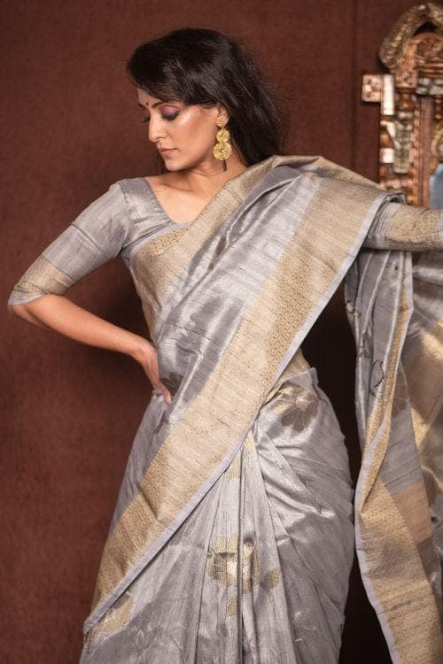 Smoke Grey Banarasi Chanderi Saree