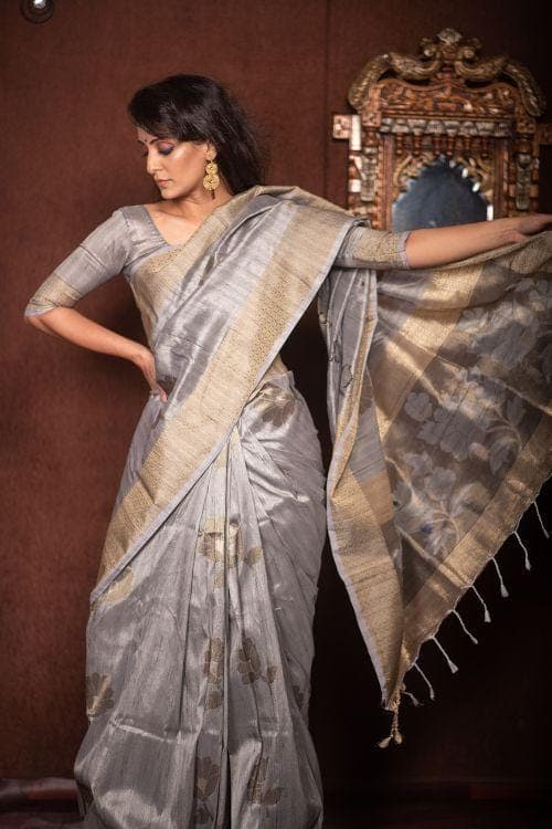 Smoke Grey Banarasi Chanderi Saree