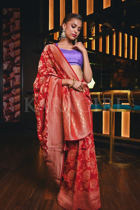 Banarasi Khaddi Georgette Saree Apple Red Banarasi Khaddi Georgette Saree saree online