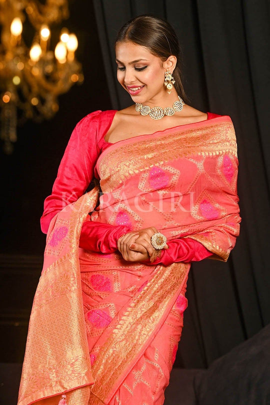 Banarasi Khaddi Georgette Saree Brick Pink Banarasi Khaddi Georgette Saree saree online