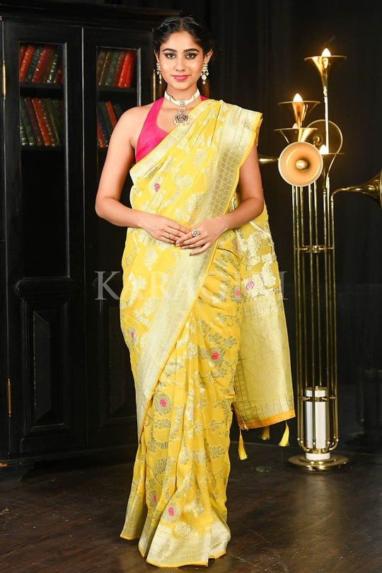 Banarasi Khaddi Georgette Saree Bright Yellow Khaddi Georgette Banarasi Saree saree online