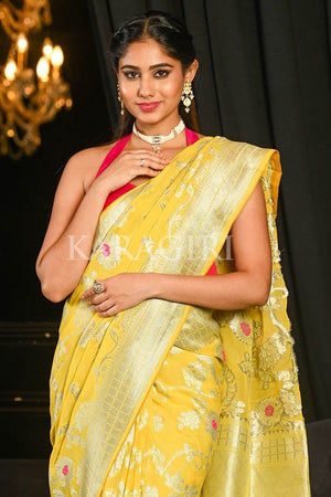 Banarasi Khaddi Georgette Saree Bright Yellow Khaddi Georgette Banarasi Saree saree online
