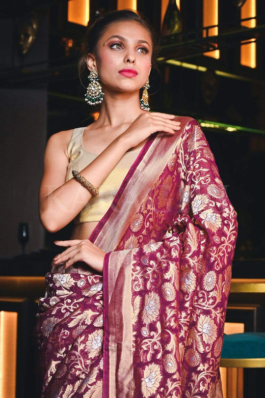 Burgundy Banarasi Khaddi Georgette Saree