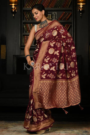Burgundy Red Khaddi Banarasi Georgette Saree
