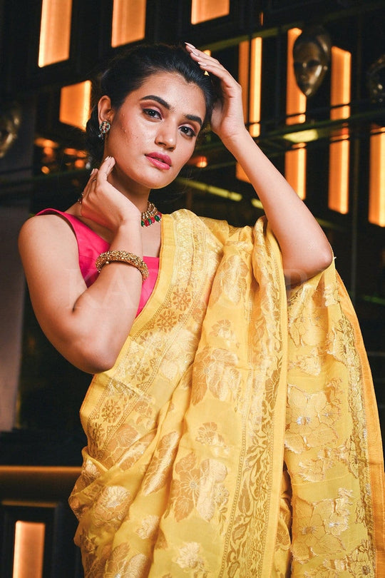Banarasi Khaddi Georgette Saree Butter Yellow Banarasi Khaddi Georgette Saree saree online