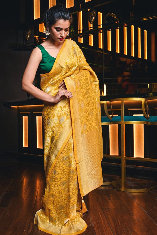 Banarasi Khaddi Georgette Saree Caramel Yellow Banarasi Khaddi Georgette Saree saree online