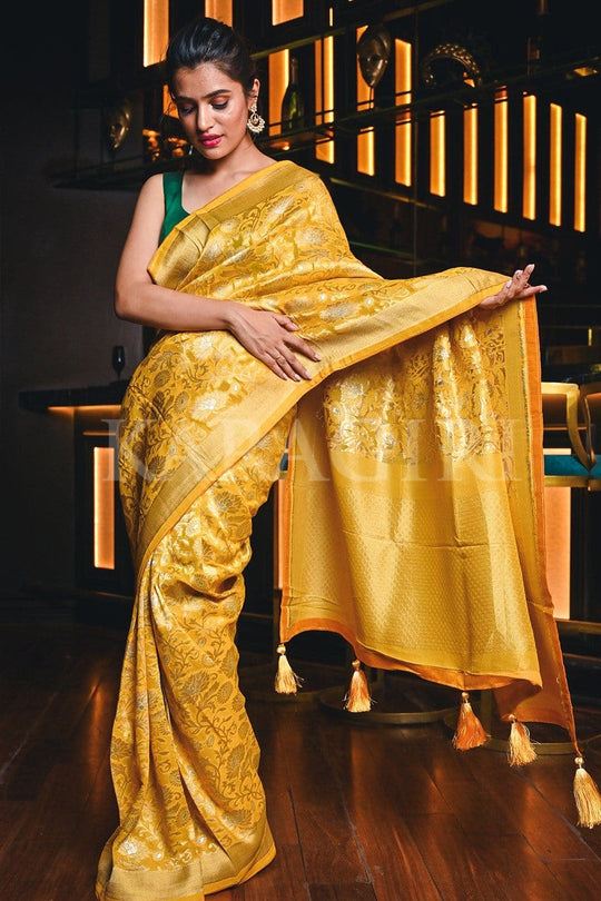 Banarasi Khaddi Georgette Saree Caramel Yellow Banarasi Khaddi Georgette Saree saree online