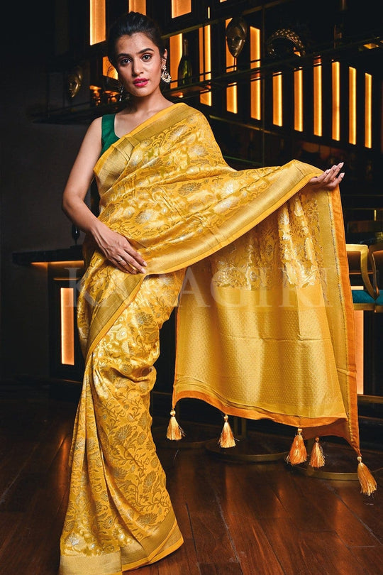 Banarasi Khaddi Georgette Saree Caramel Yellow Banarasi Khaddi Georgette Saree saree online