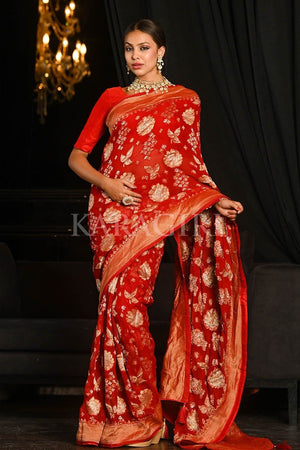 Chili Red Banarasi Khaddi Georgette Saree