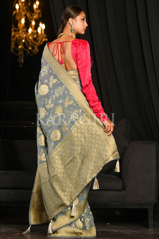 Banarasi Khaddi Georgette Saree Cloudy Grey Banarasi Khaddi Georgette Saree saree online