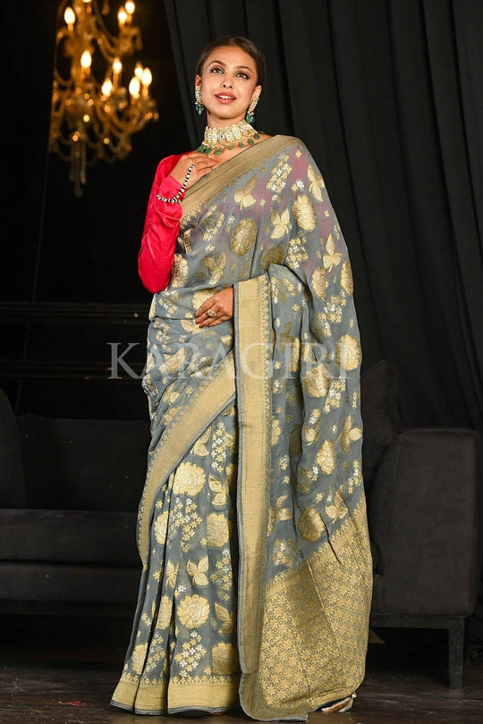Banarasi Khaddi Georgette Saree Cloudy Grey Banarasi Khaddi Georgette Saree saree online